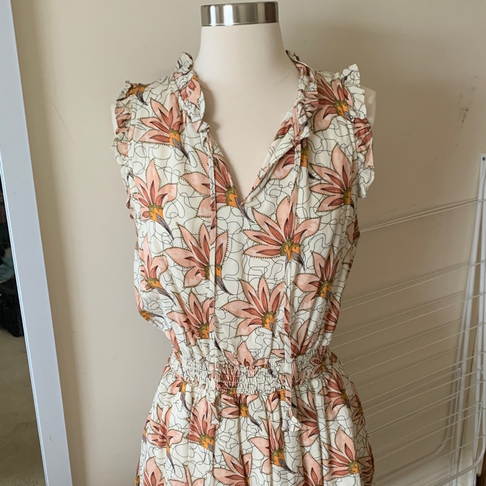 Collective Concepts Cream and Coral Floral Ruffle Dress